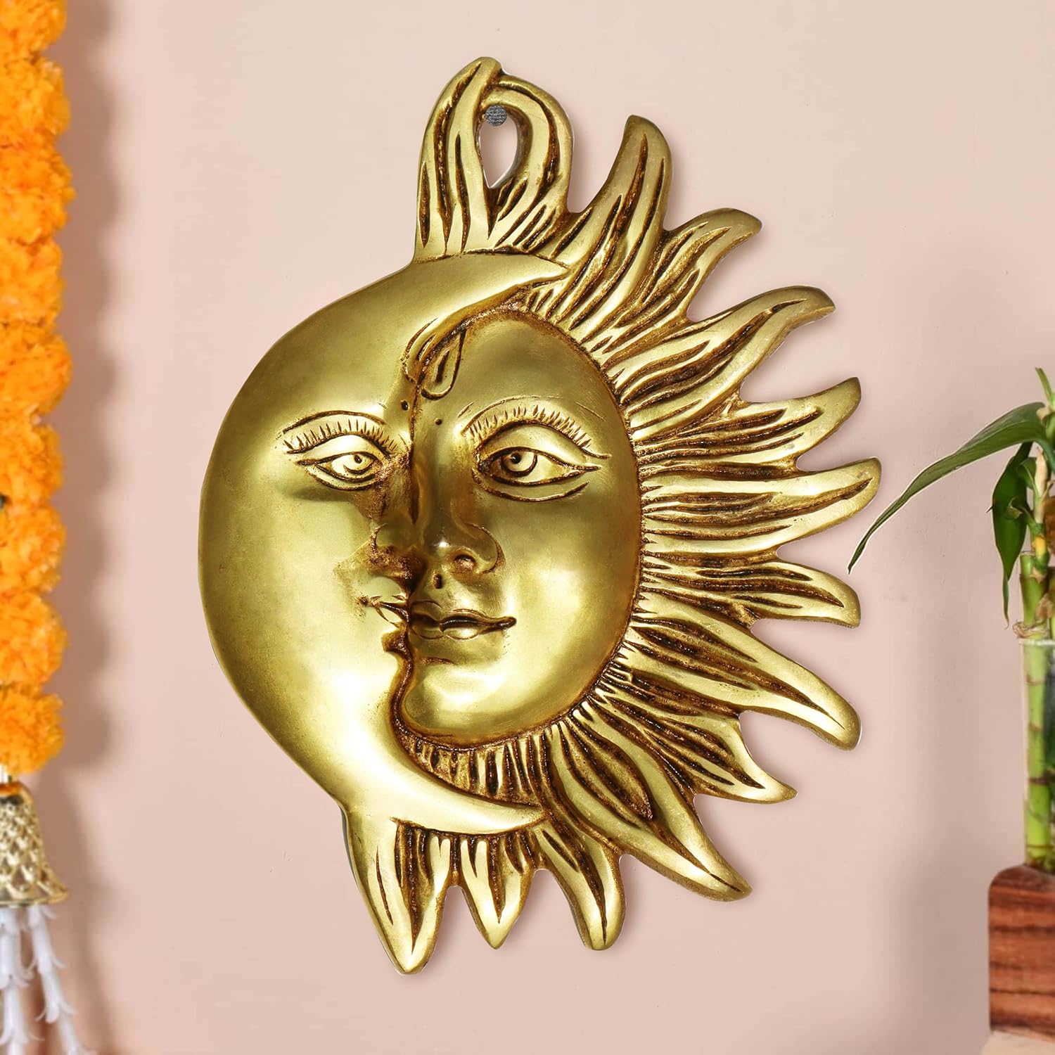 Pure Source India (Pure Brass Half Sun & Moon Decorative Wall Hanging 8 Inch for Home and Wall Decor (690gm) (Gold)