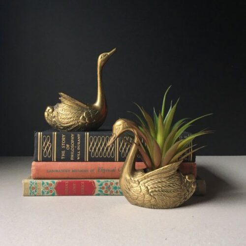 Brass Swan Planters Pair | Golden Color Swan Set for Garden Decor | Brass Plant Pots | Home Decor Item | Ht. - 7.5 inches | Wt. - 1.5 kgs