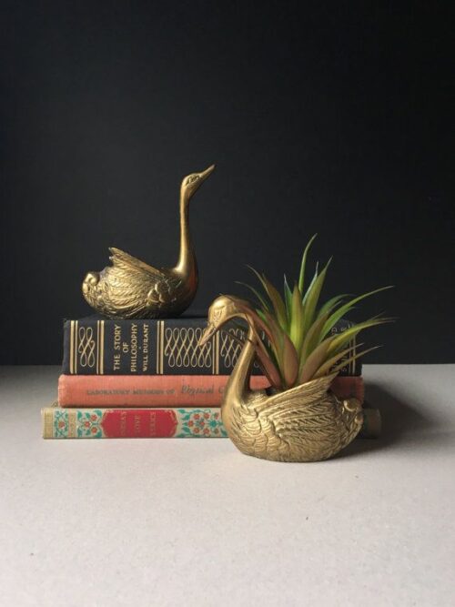 Brass Swan Planters Pair | Golden Color Swan Set for Garden Decor | Brass Plant Pots | Home Decor Item | Ht. - 7.5 inches | Wt. - 1.5 kgs