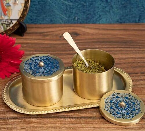 71GU7TXv5wL._SX679_ rass Condiment Jars with Tray and Spoon. Hand Etched Design and Hand Painted Enamel - Blue