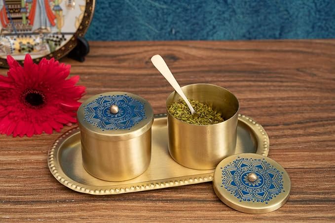 rass Condiment Jars with Tray and Spoon. Hand Etched Design and Hand Painted Enamel - Blue