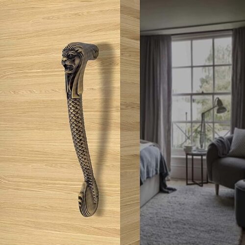 Door Handle for Main Door, 8 Inch Brass Antique Lion Shaped Main Door Handle with Push-Pull Design, Brass Door Handles for All Types of Doors