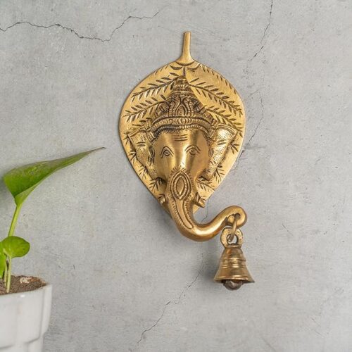 Brass Elephant on Leaf Door Hanging Bell | Wall Decor Antique Finish Mandir Ghanti | Ganpati/Ganesha Face Temple Bell | Wall Decoration Decorative Gate Ganesh Knocker 5 Inch