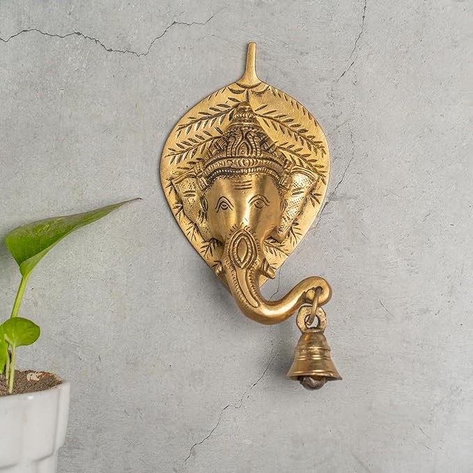 Brass Elephant on Leaf Door Hanging Bell | Wall Decor Antique Finish Mandir Ghanti | Ganpati/Ganesha Face Temple Bell | Wall Decoration Decorative Gate Ganesh Knocker 5 Inch