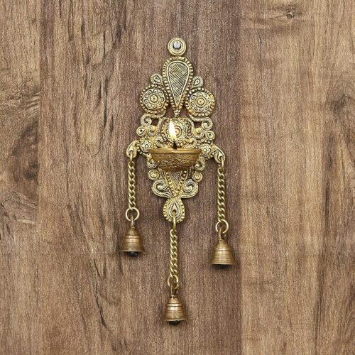 Antique Finish Decorative Handcrafted Brass Wall Hanging Diya with Bells