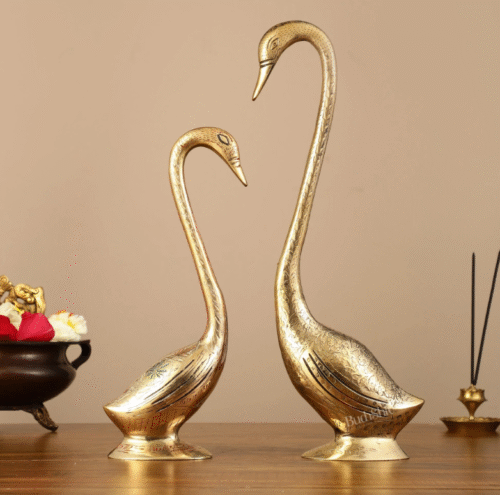 Brass Pair of Swans Showpiece - 15" Height | Elegant Home Decor