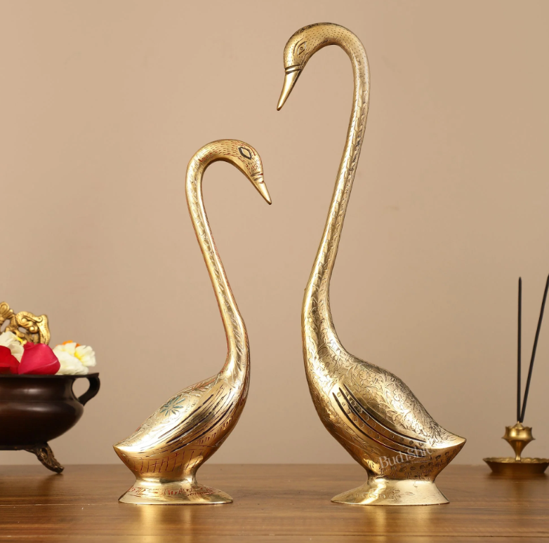 Brass Pair of Swans Showpiece - 15" Height | Elegant Home Decor