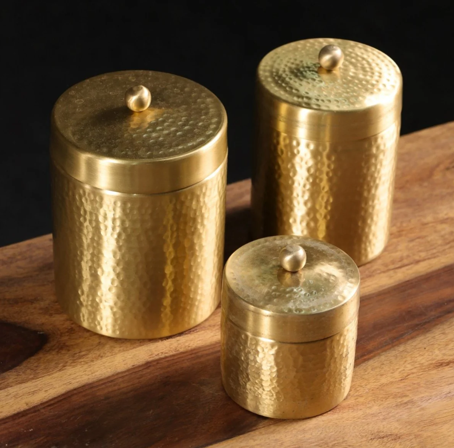 Pure Brass Jar with Lid | Handcrafted Set of 3 | Small Medium and Large - Large: 4" dia, 5" height, Medium: 3.5" dia, 4.5" height, Small: 3" dia, 3" height / Natural / Brass