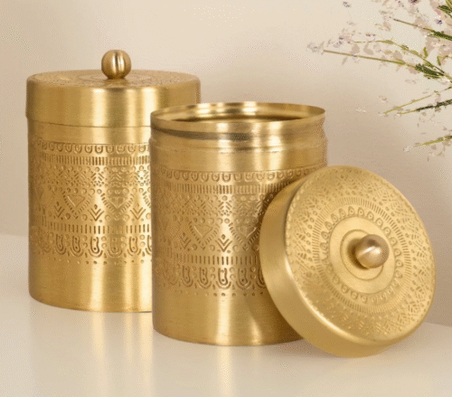 Storage Jar or Container in Pure Brass for Tea Sugar and Spice | Set of 2 | For Kitchen Use - Small / Brass / Natural