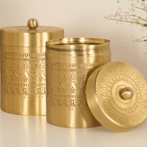 Storage Jar or Container in Pure Brass for Tea Sugar and Spice | Set of 2 | For Kitchen Use - Small / Brass / Natural