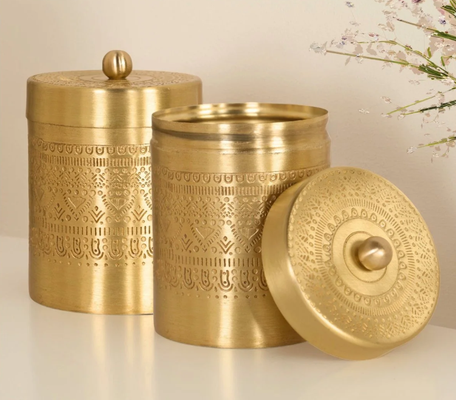 Storage Jar or Container in Pure Brass for Tea Sugar and Spice | Set of 2 | For Kitchen Use - Small / Brass / Natural