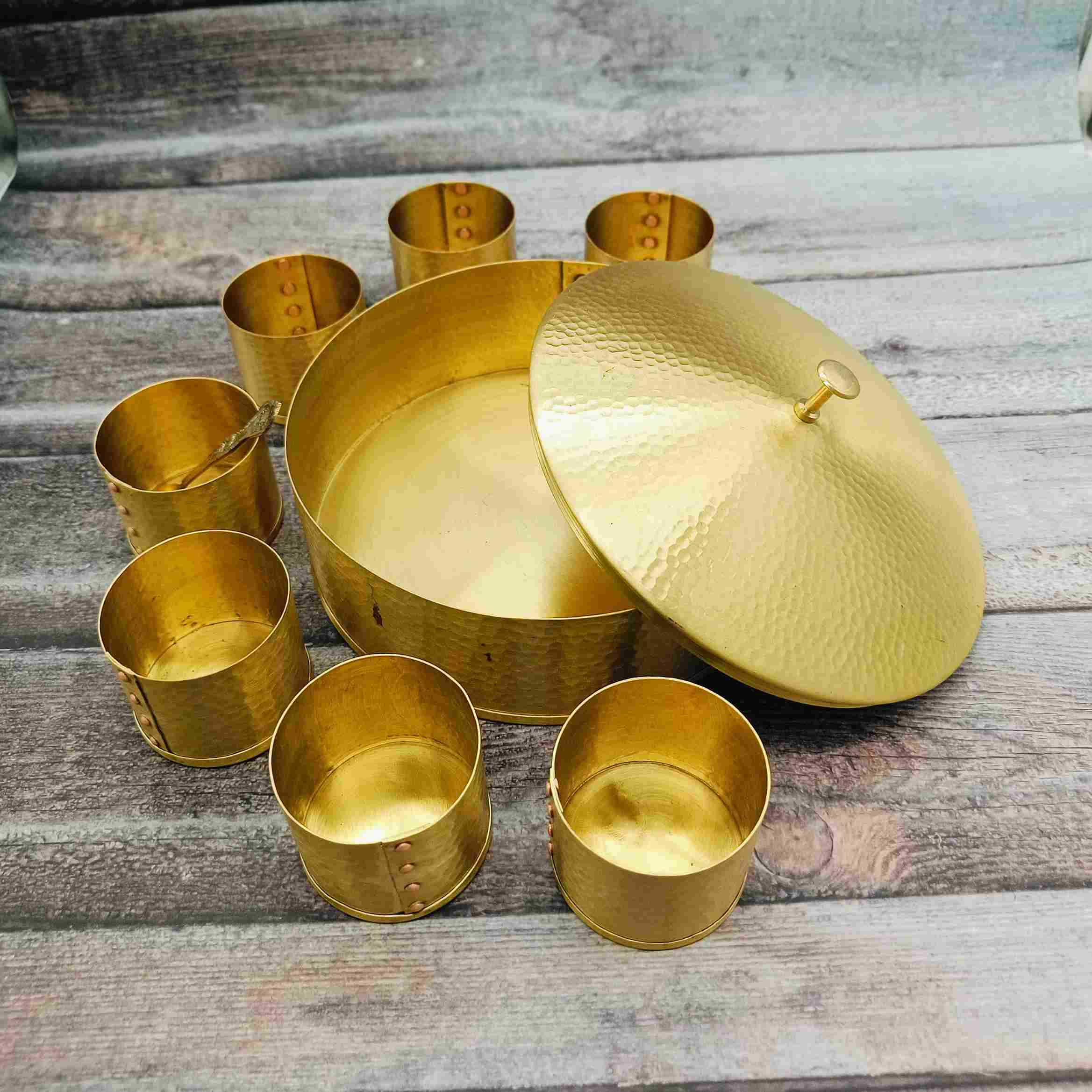 Hammered Handcrafted Brass Masala Box with Lid | Spice Container with 7 Compartments & Spoon | Elegant Kitchenware - 7.5 Inch