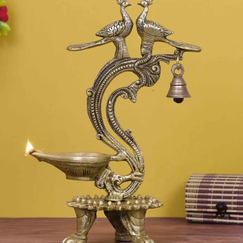 Antique Finish Decorative Handcrafted Brass Peocock Wall Hanging Diya with Bells