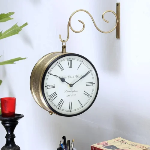 Vintage Railway Clock, Double Sided Wall Clock, Brass Wall Clock, Antique Hanging Clock, Roman Number Clock, Victorian Style Clock, Wall